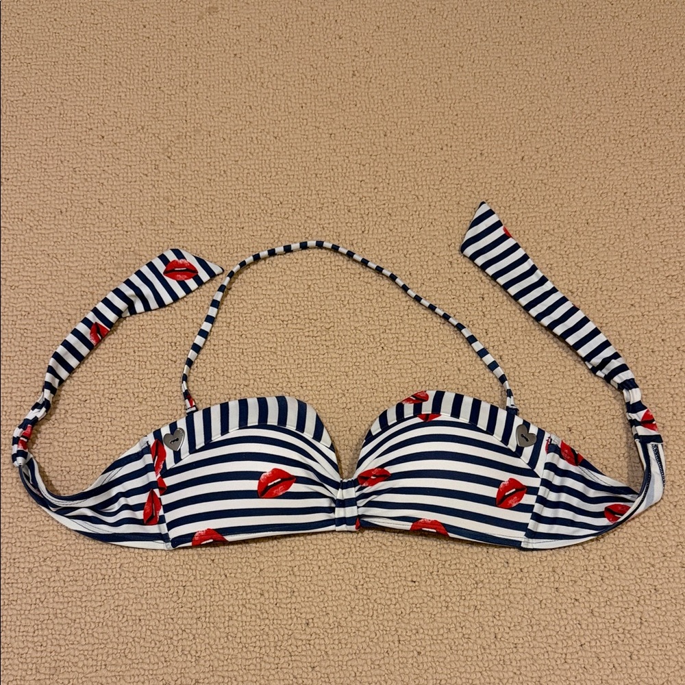 Betsey Johnson Navy and White Striped Bikini Top with Red Lip Print